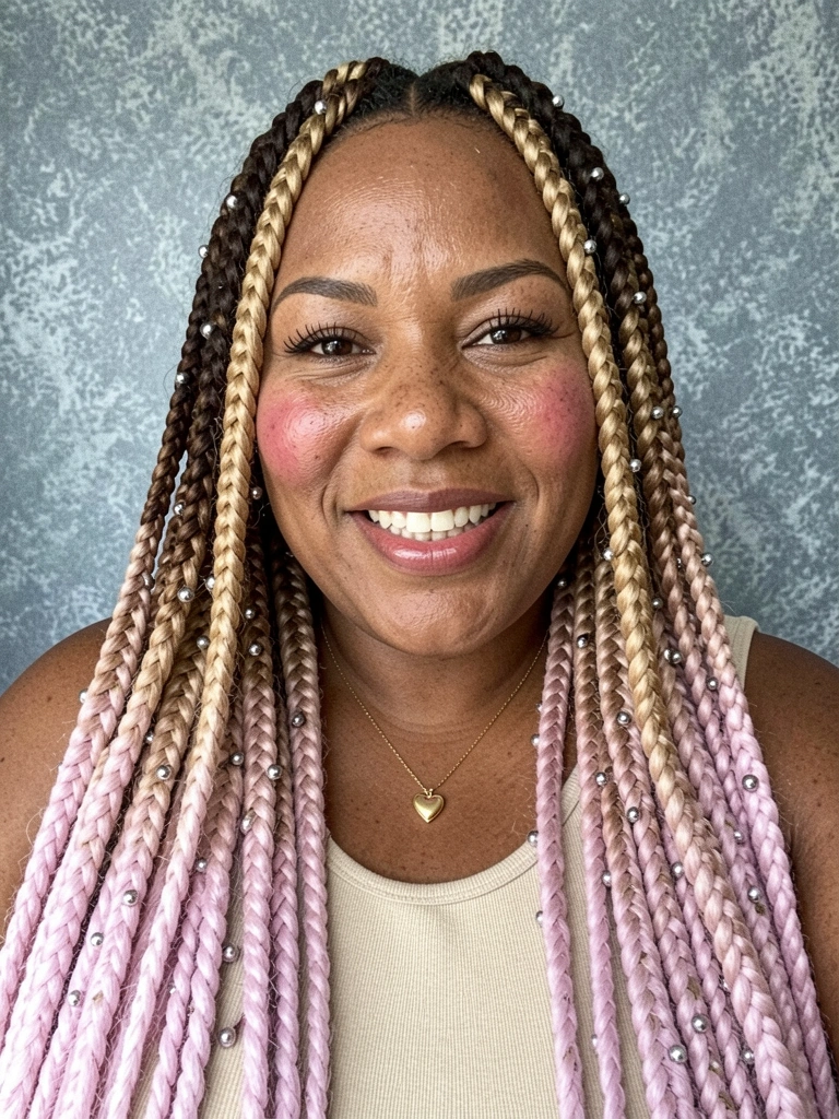 Trança gypsy com extensões ombre pink em cabelo cacheado.