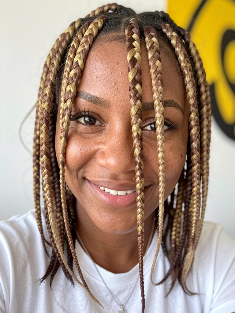 Penteado com tranças gypsy e nagô entrelaçadas, fios escuros e texturizados.