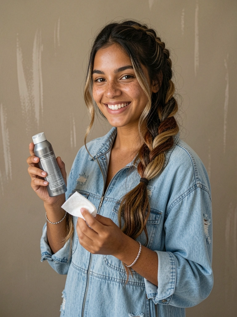 Saco de shampoo seco e pacote de lenço umedecido sobre superfície clara.