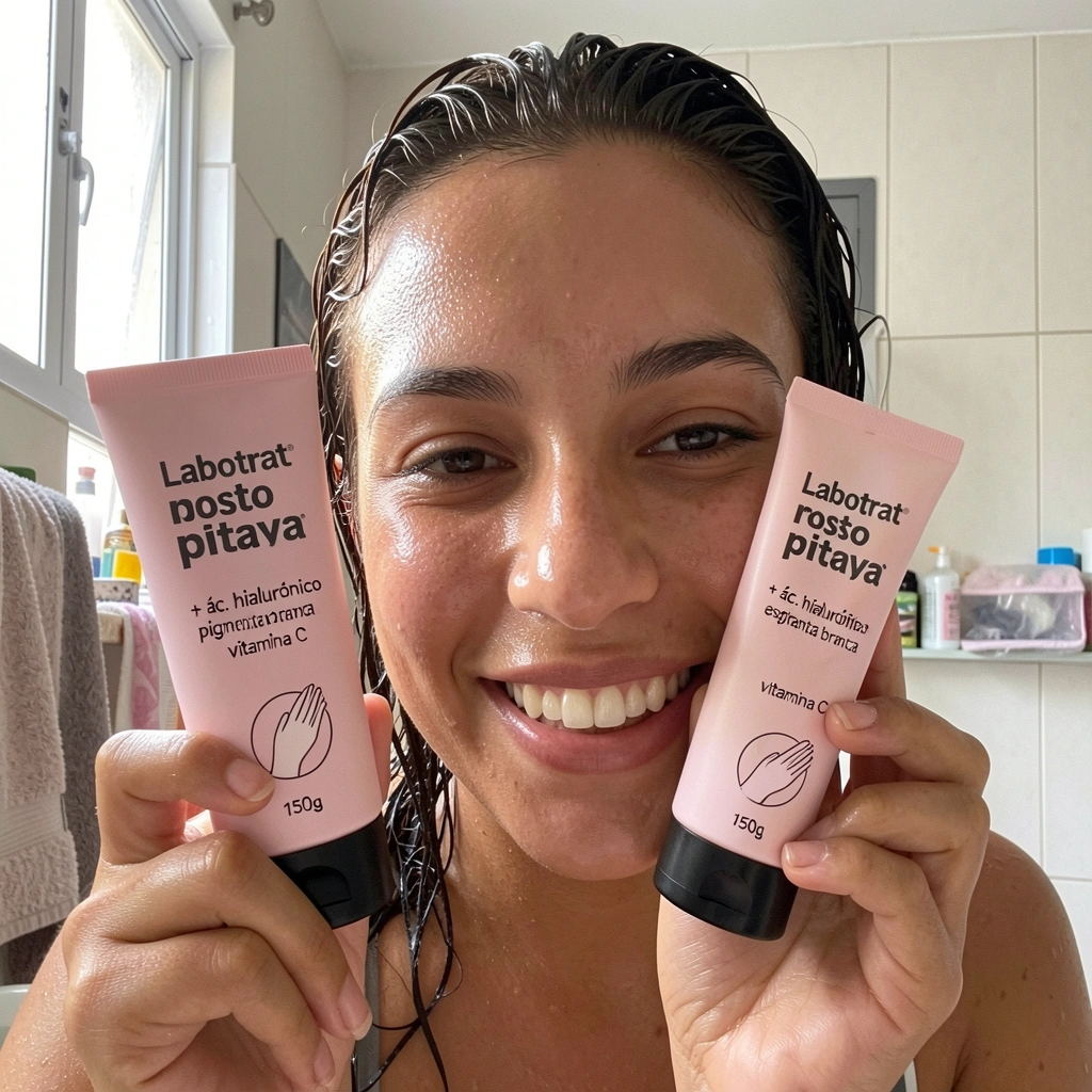 Mulher sorrindo após o banho, com a pele hidratada e toalha nos ombros.