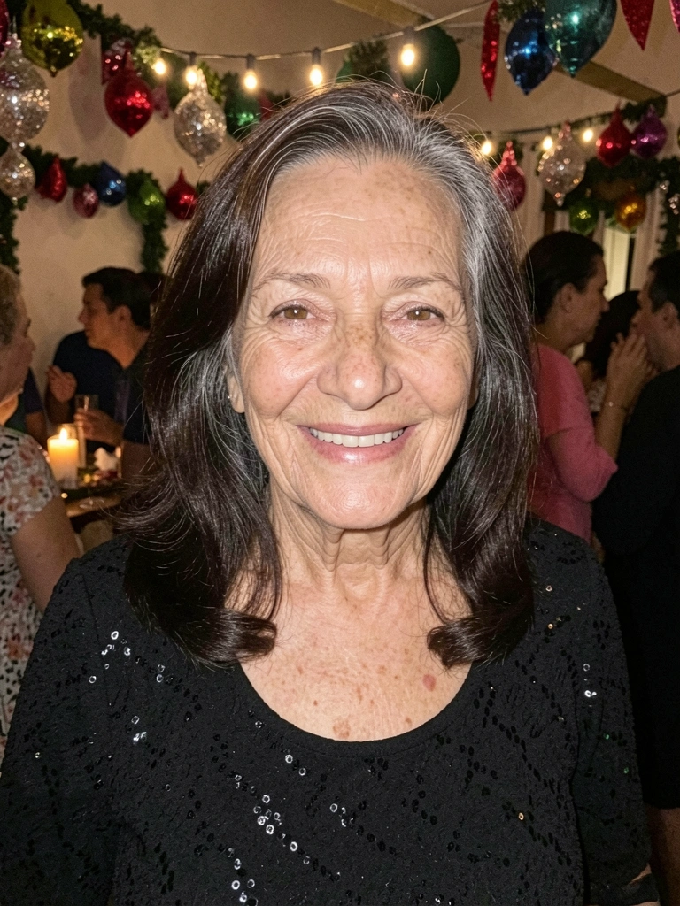 Mulher com vestido preto brilhante em festa de Réveillon, sorrindo com taça na mão.