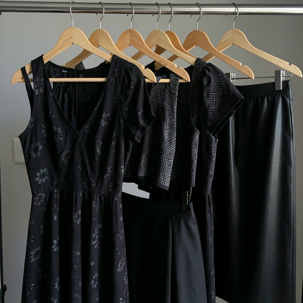 Vários cabides com roupas pretas penduradas em sequência.
