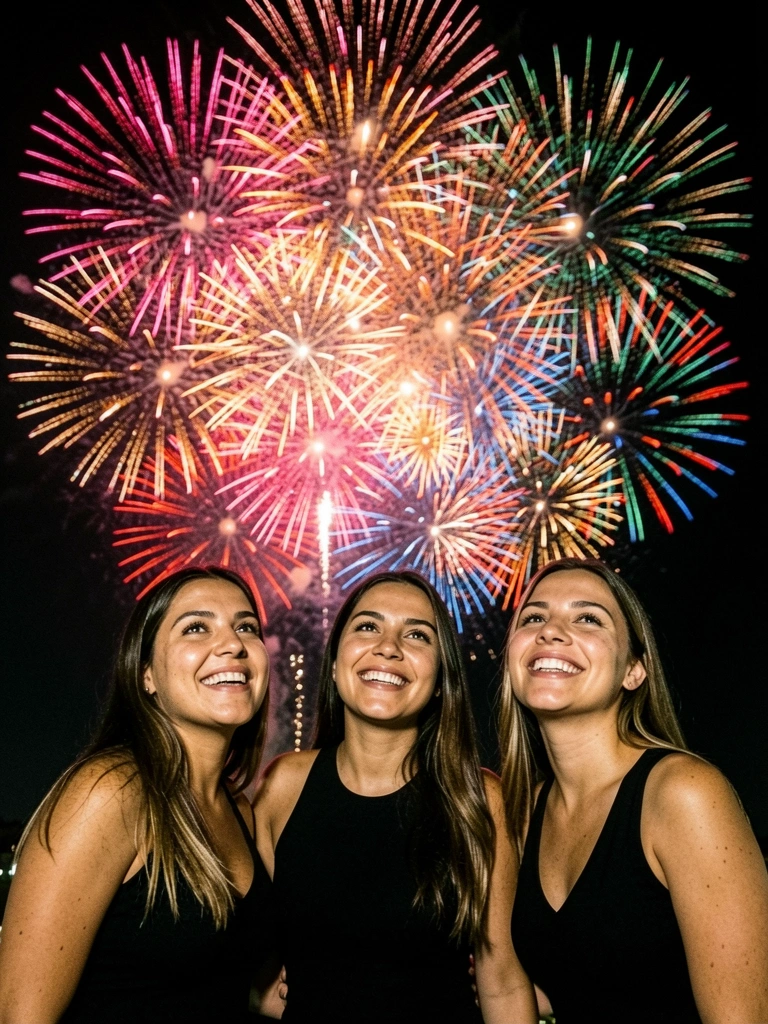 Três mulheres vestindo roupas pretas em cenários diferentes: uma em festa, outra na rua e uma em casa.