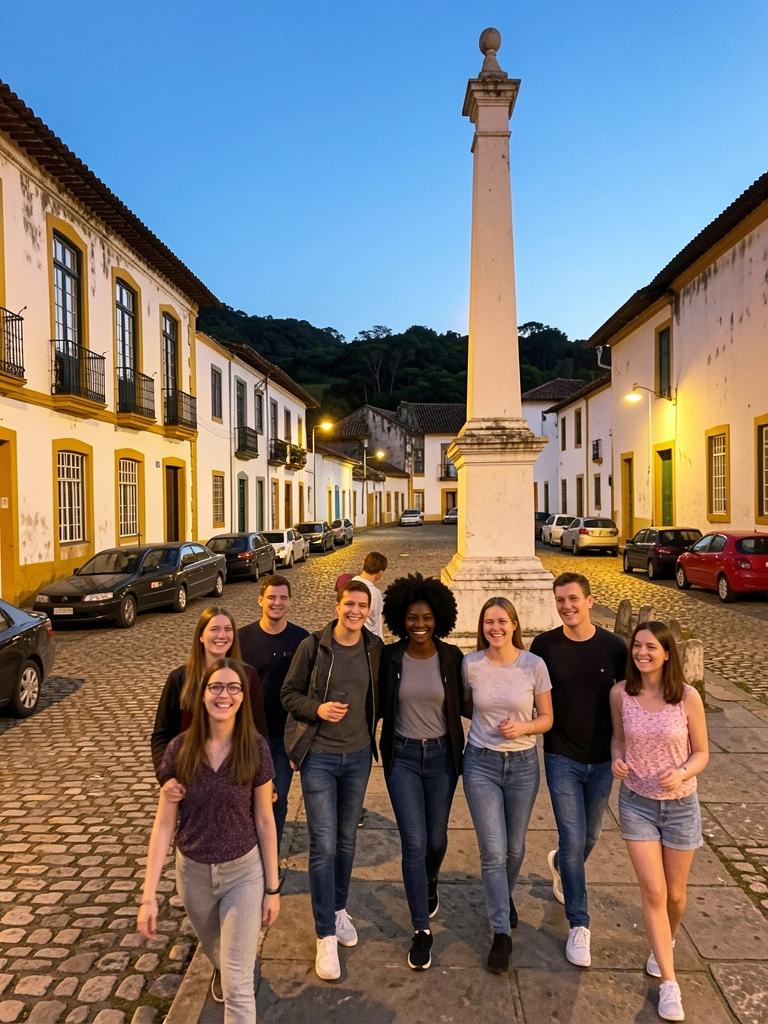 Grupo de pessoas vestindo branco, com uma pessoa de preto no centro.