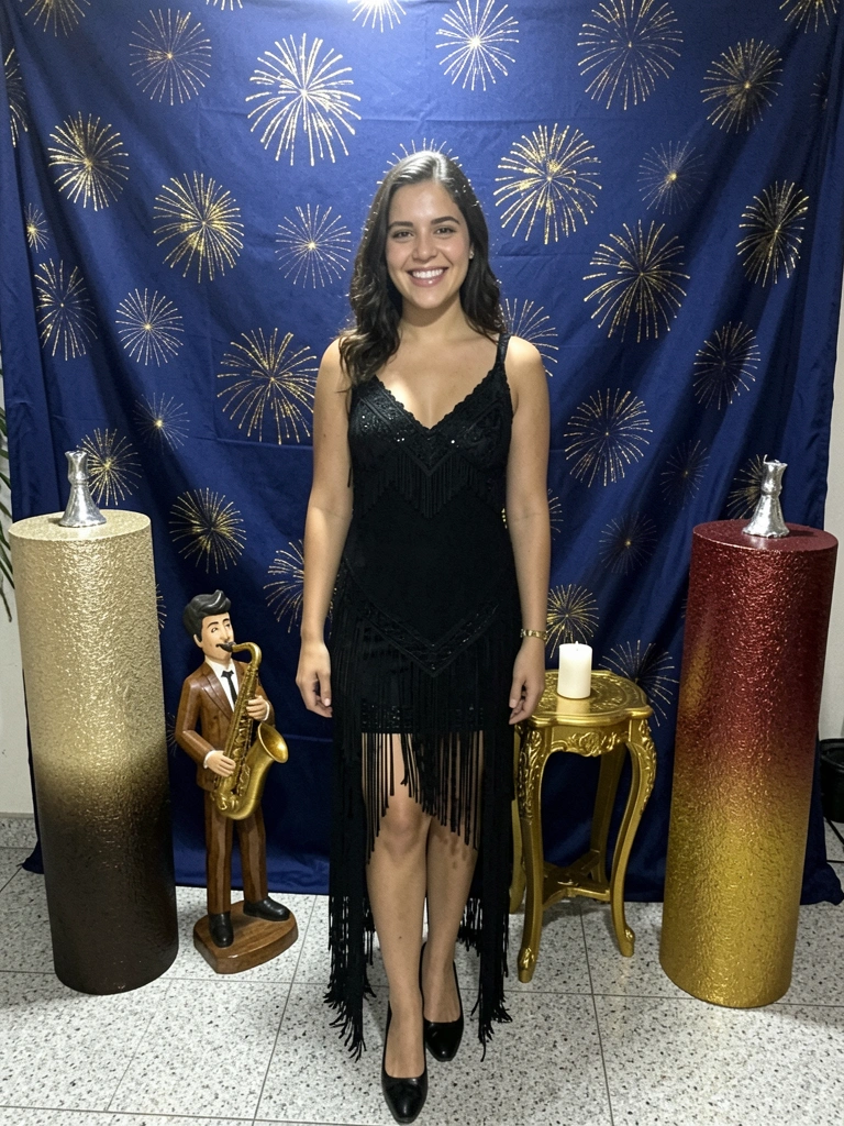 Ilustração histórica de uma vestimenta preta usada em festas, com detalhes em renda e tecido fluido.
