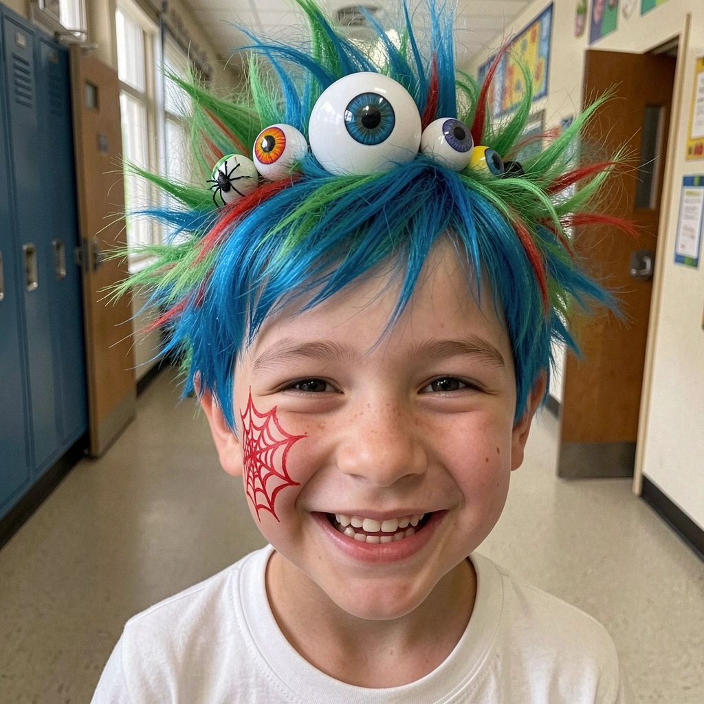 Menino com cabelo colorido e arrepiado sorrindo em sala de aula.