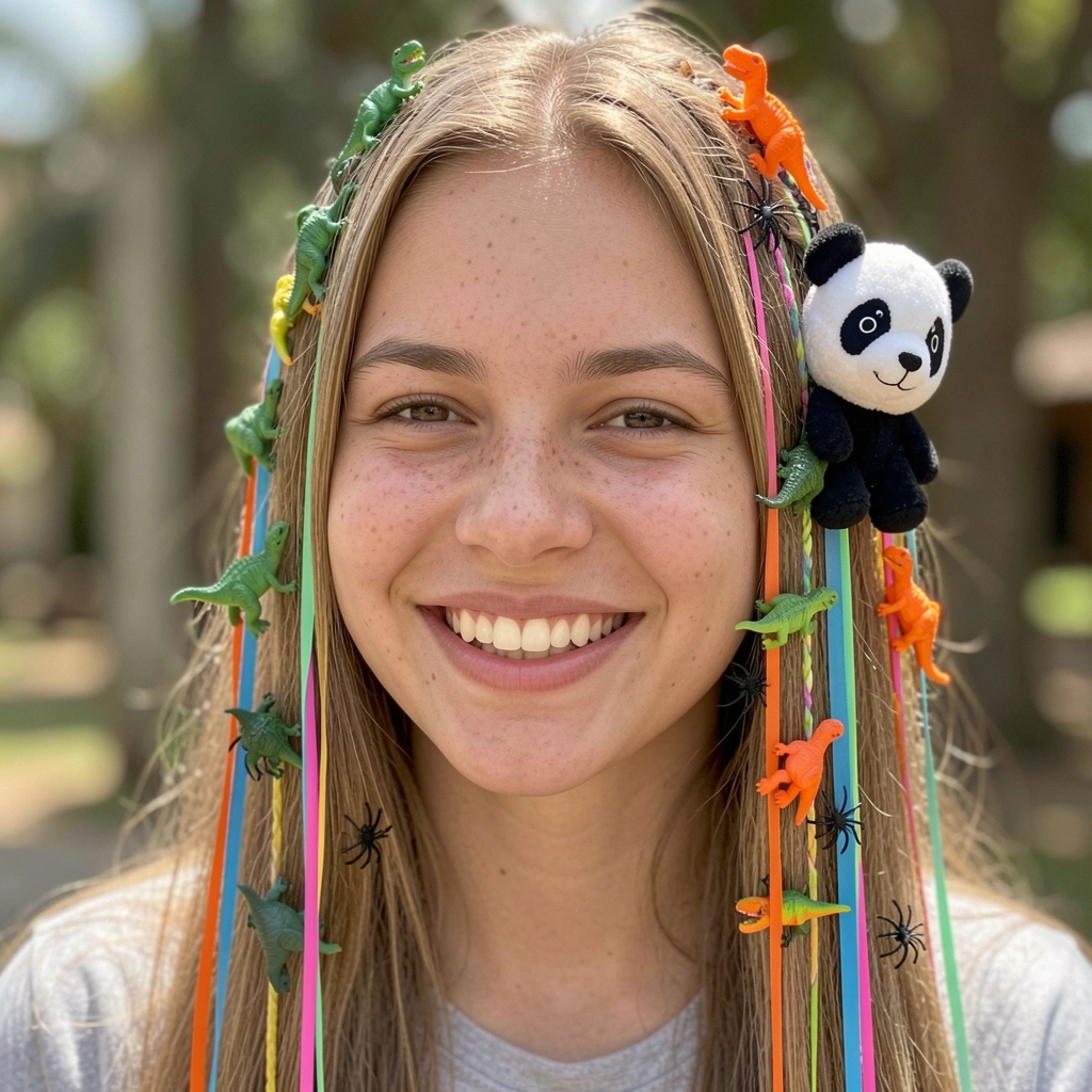 Menino com cabelo espetado e fitas coloridas presas aos fios, segurando um brinquedo.