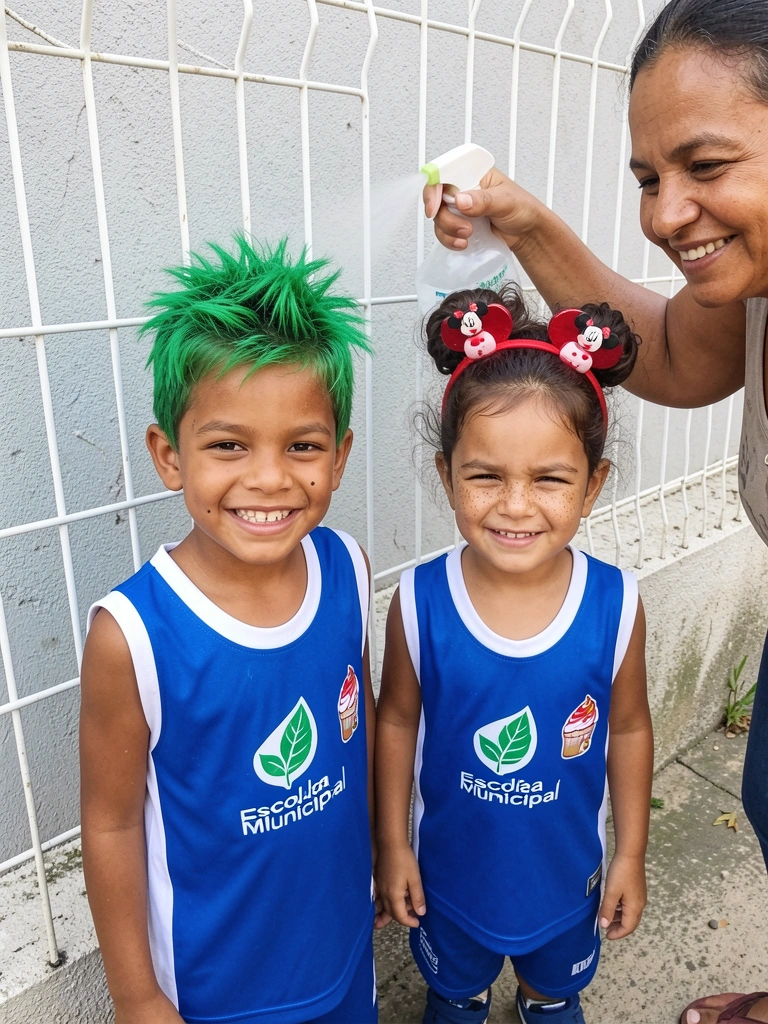 Mãe aplica spray colorido no cabelo do filho, que sorri enquanto segura um pente.