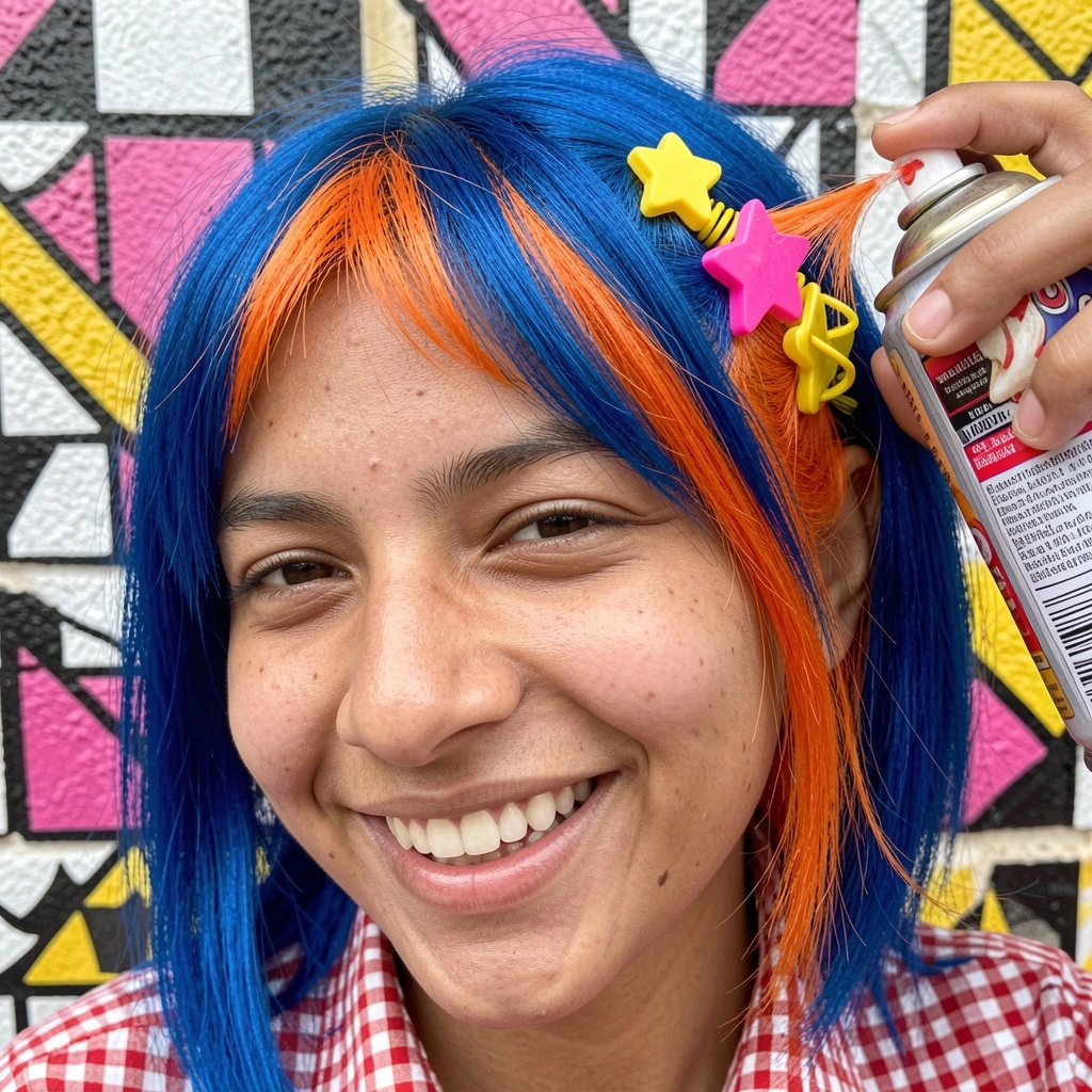 Pequena mecha de cabelo sendo borrifada com spray em um fundo neutro.