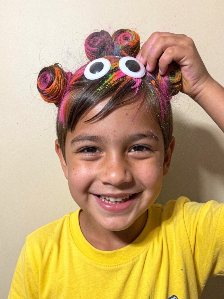 Spray colorido sendo aplicado em cabelo de menino, com mechas azuis e rosas.