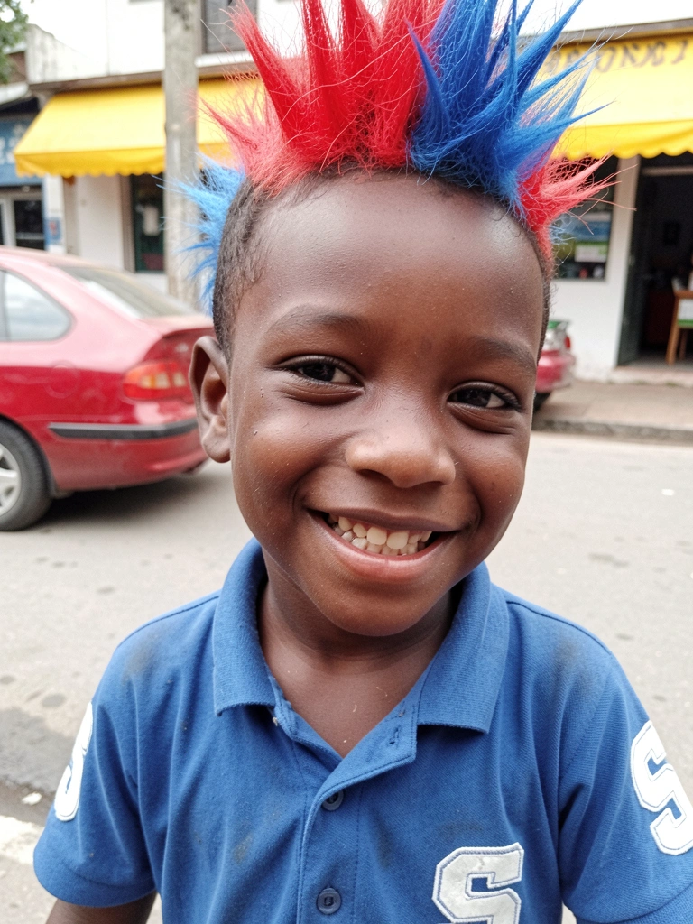Menino com cabelo moicano tingido de vermelho e azul, sorrindo.