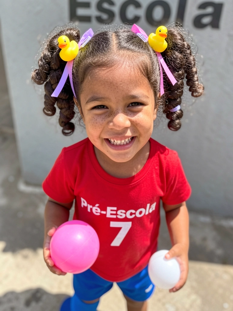 Cabelo de menino arrepiado com pequenos brinquedos coloridos presos nos fios.