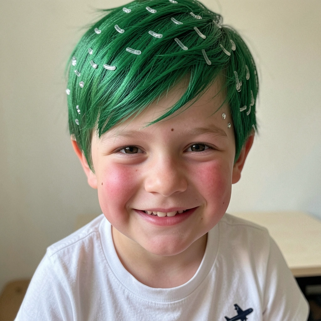 Cabelo verde com elásticos formando escamas, visto de cima.