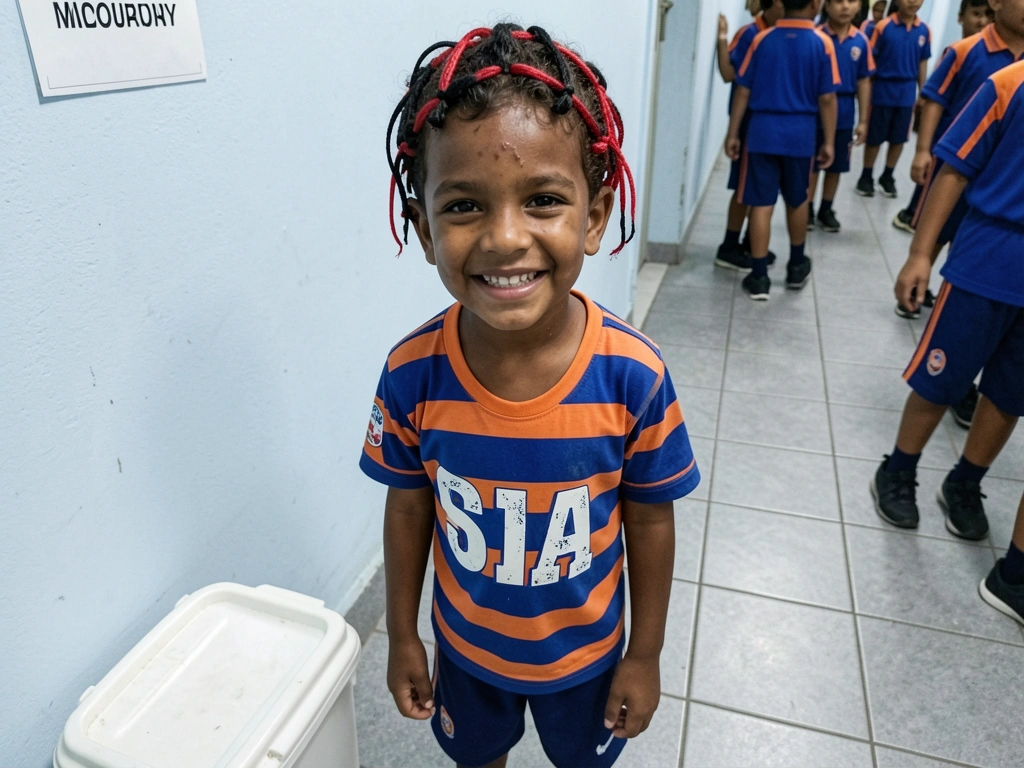 Fitas vermelhas e pretas entrelaçadas no cabelo de um menino, formando uma teia.