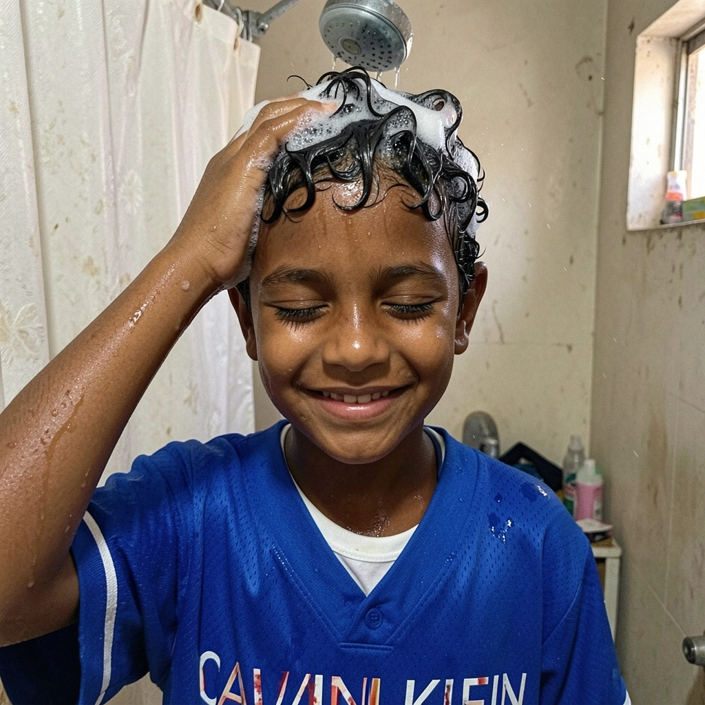 Menino com cabelo ensaboado sendo lavado no chuveiro, água escorrendo pelo rosto.