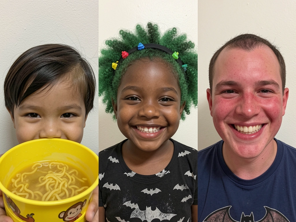 Comparação entre mechas de cabelo infantil: uma saudável, brilhante e alinhada, outra danificada, opaca e com pontas duplas.
