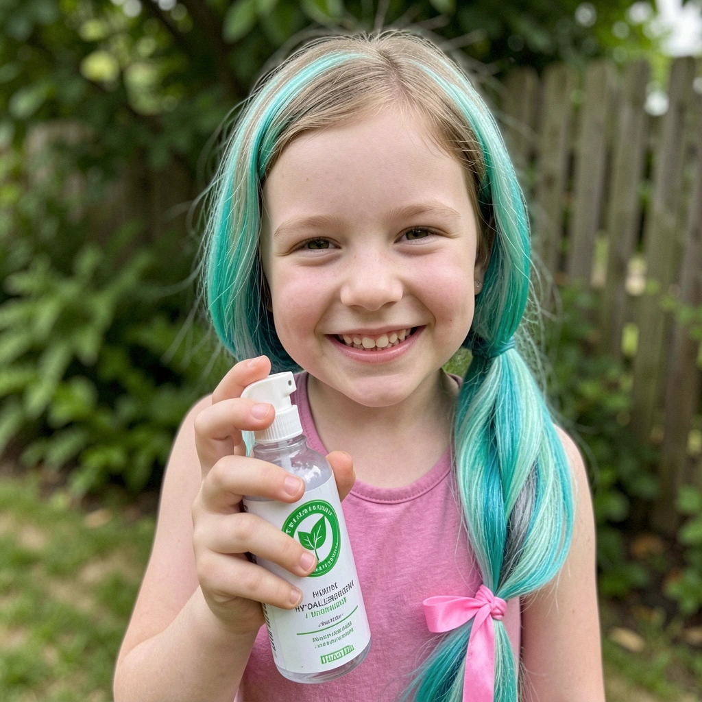 Rótulo de spray de cabelo com selo hipoalergênico destacado.