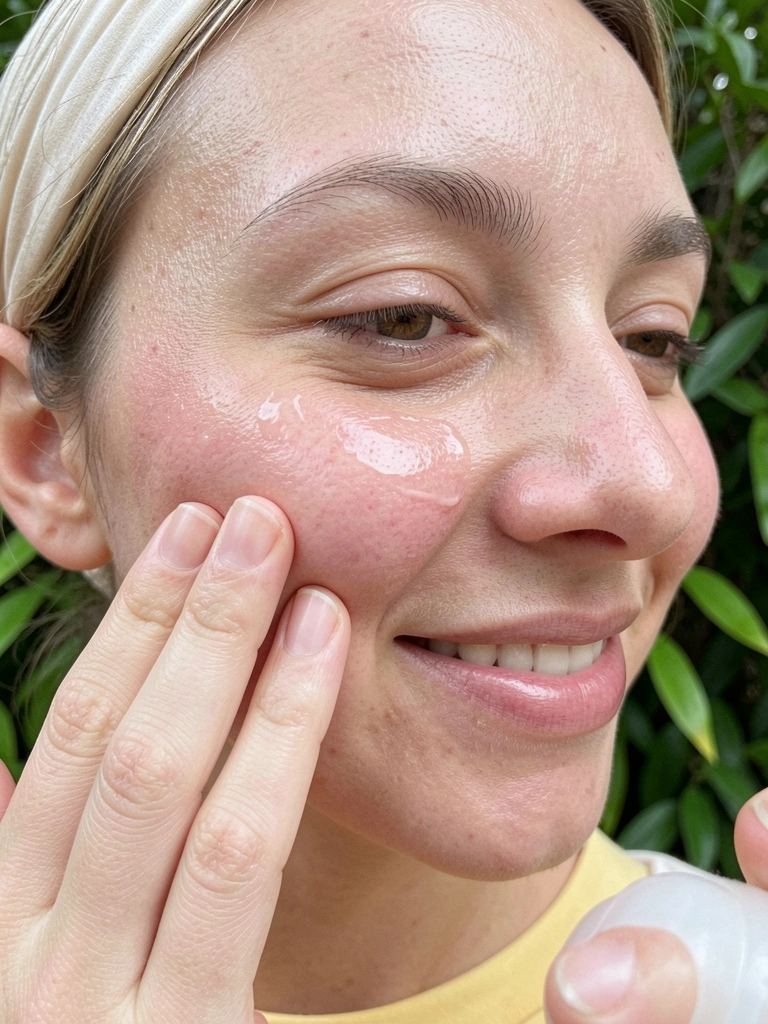 Mulher com olhos fechados aplica óleo no rosto com as pontas dos dedos.