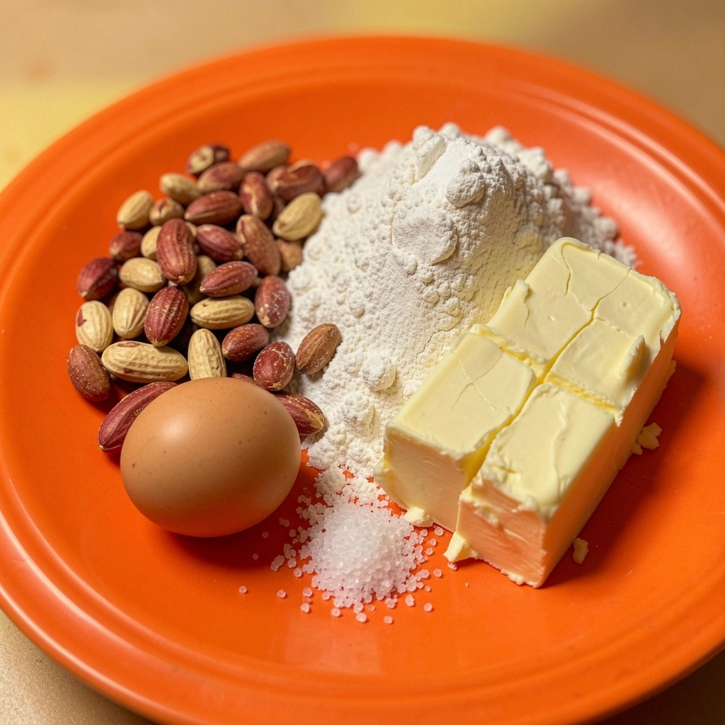 Ingredientes para biscoito de amendoim dispostos em uma tigela: amendoim, farinha, manteiga, ovo e açúcar.
