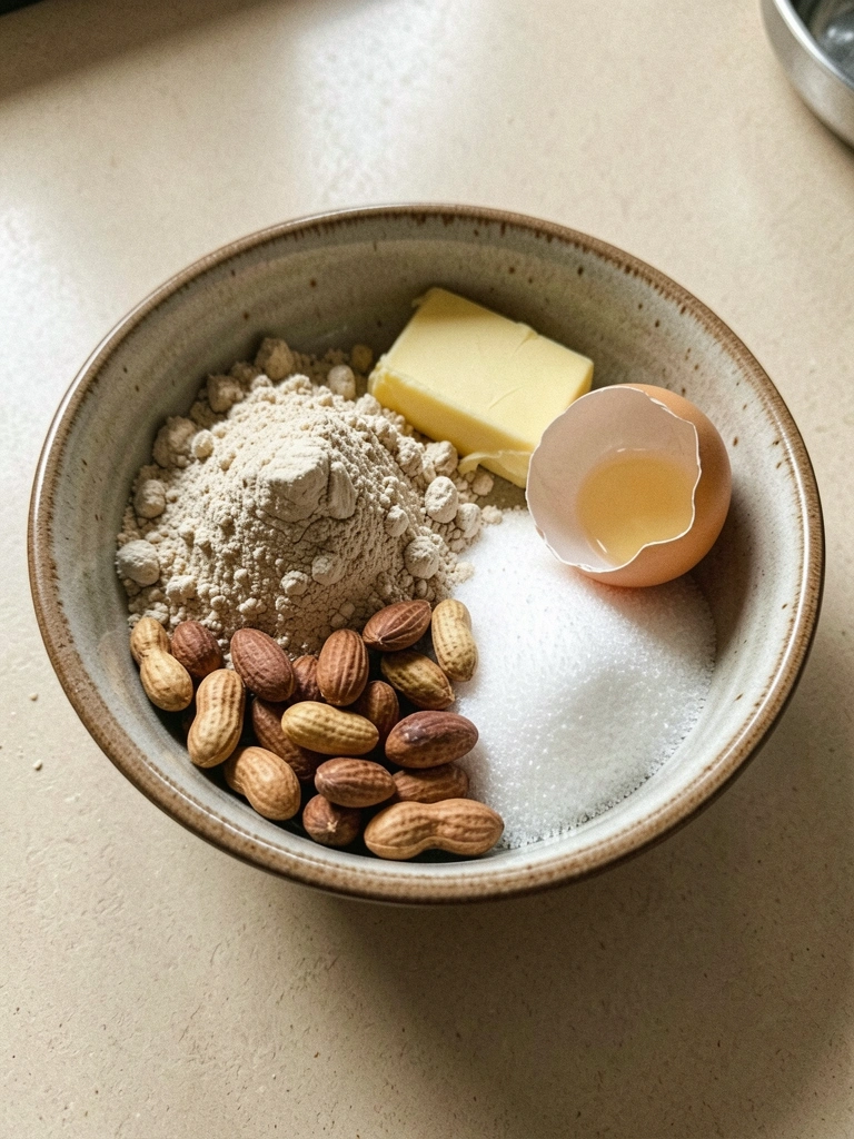 Tigela contendo amendoim torrado, farinha, manteiga, ovo e açúcar sobre uma bancada.