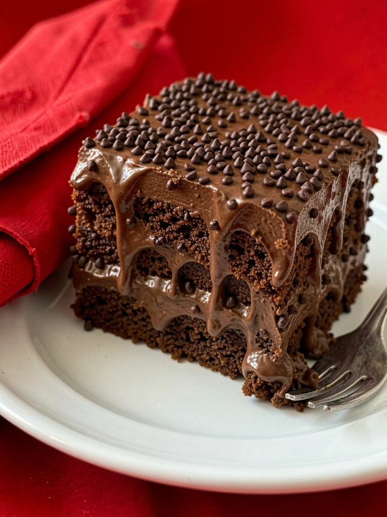 Fatia de bolo de brigadeiro com cobertura cremosa e granulado sobre prato branco.