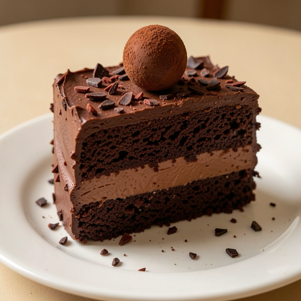 Fatia de bolo de brigadeiro com camadas de massa e recheio à mostra.
