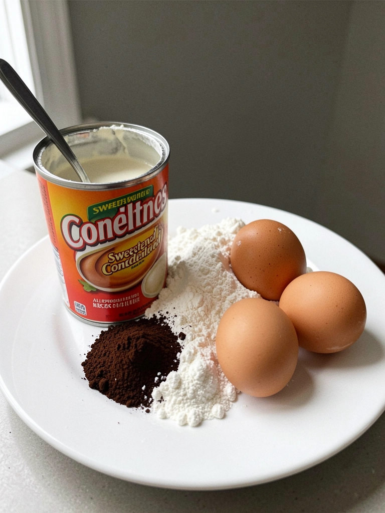 Ingredientes para bolo de brigadeiro sobre mesa: leite condensado, chocolate em pó, farinha e ovos.