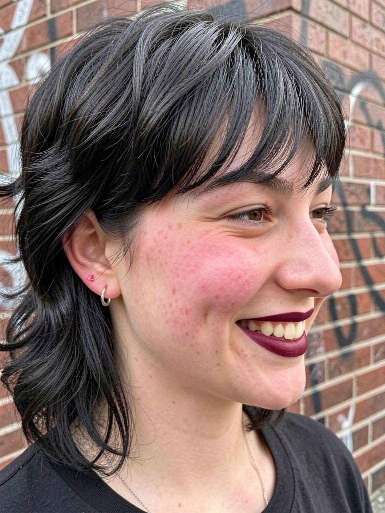 Mulher com cabelo mullet moderno sorrindo em fundo urbano.