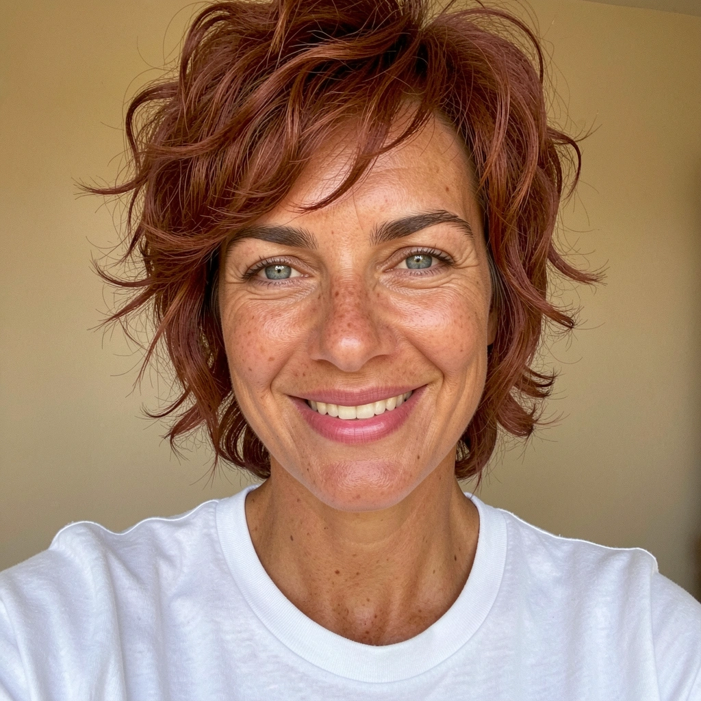 Mulher com multer estiloso e expressão confiante.