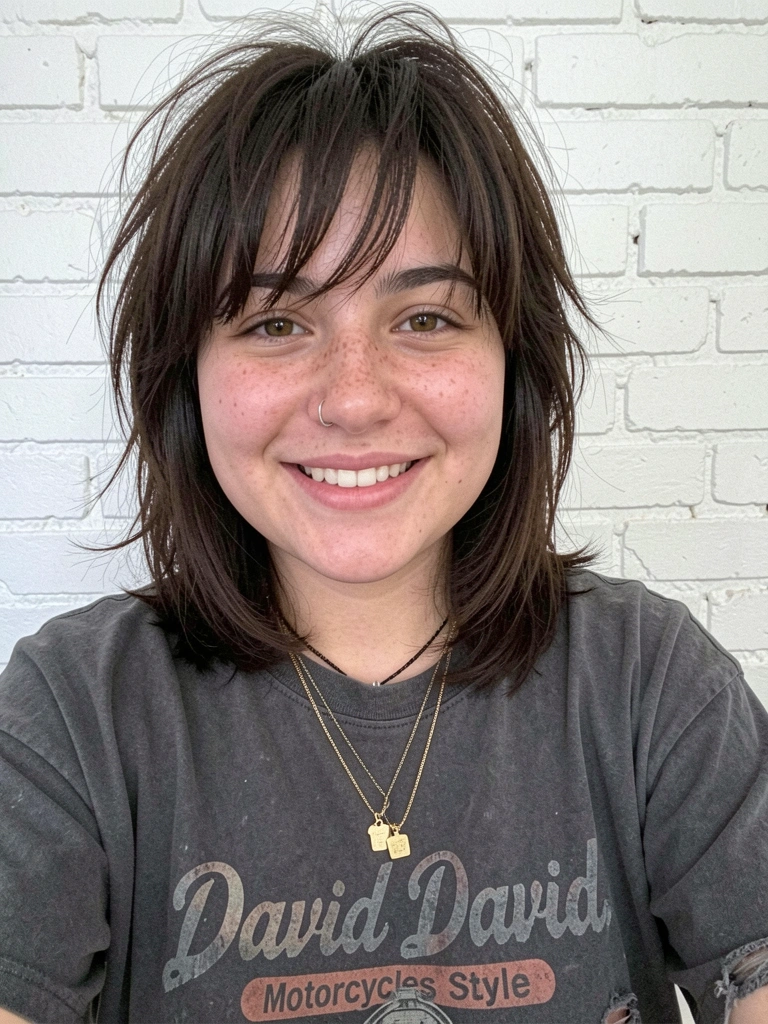 Mulher de rosto redondo com mullet alongado no topo, cabelo escuro e franja desconectada.