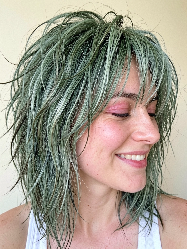 Mulher de rosto quadrado com cabelo mullet lateral suave.