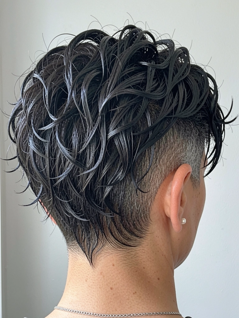 Cabelo com camadas desconectadas e franja longa, com efeito fade nas laterais.