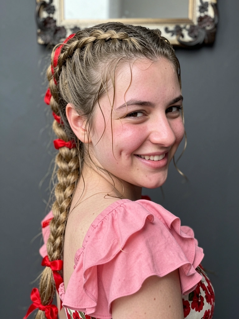 Detalhe de trança embutida com fita vermelha em cabelo escuro.