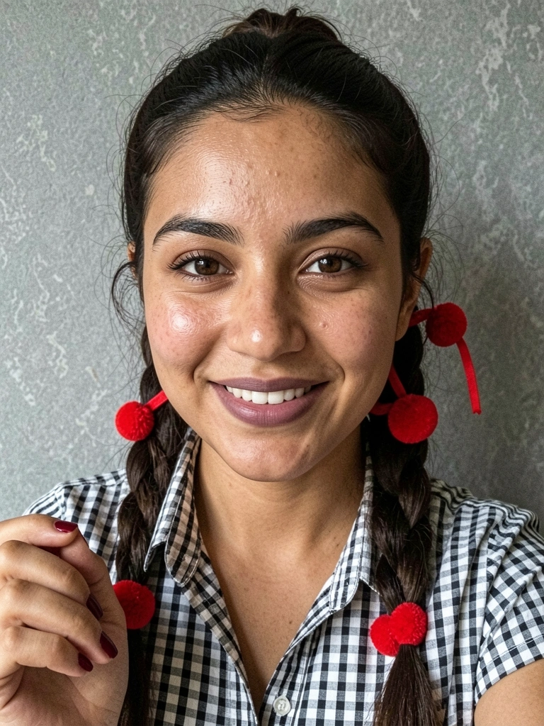 Jovem com cabelo preso em half bun e trança lateral, usando acessórios coloridos.