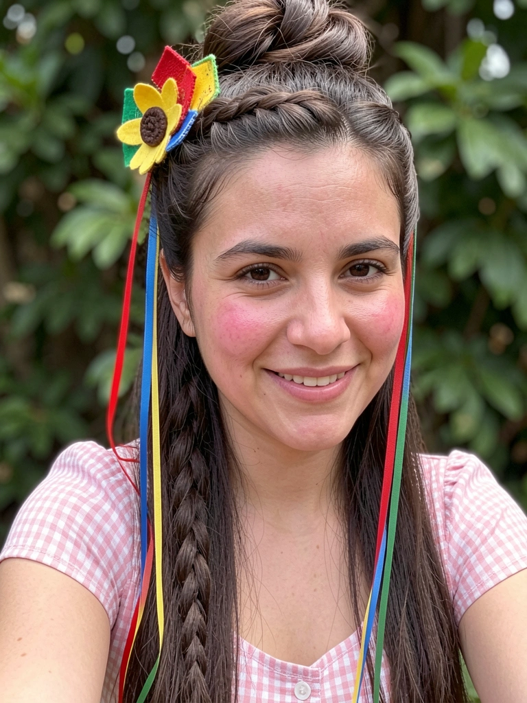 Mulher com half bun despojado e trança embutida lateral, olhando para o lado.