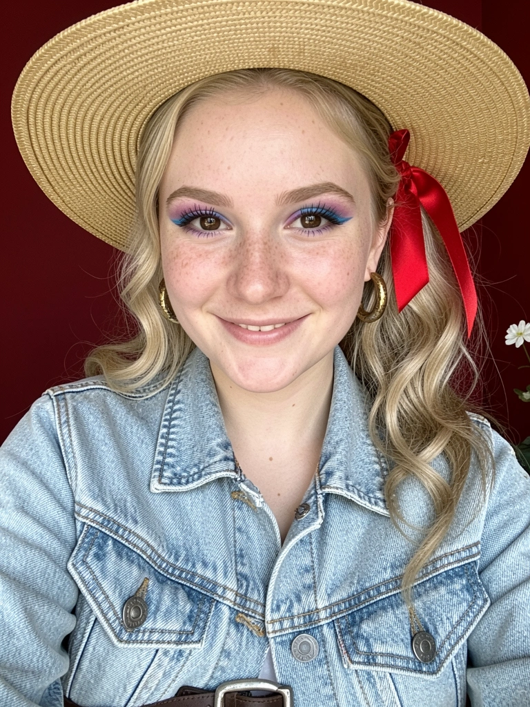 Cabelo ondulado com chapéu de palha e delineado colorido nos olhos.