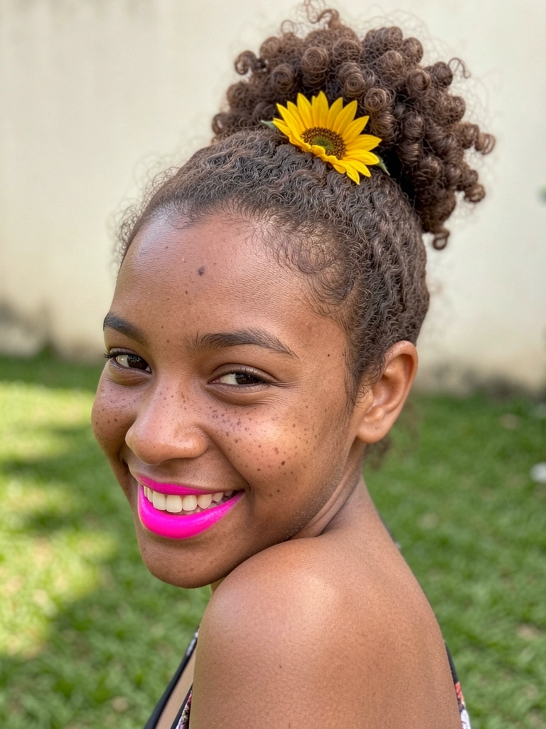 Girassol amarelo preso em um coque de cabelo castanho.