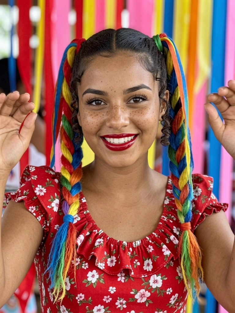 Mulher dançando quadrilha com penteado intacto, sorrindo, usando vestido xadrez e chapéu de palha.