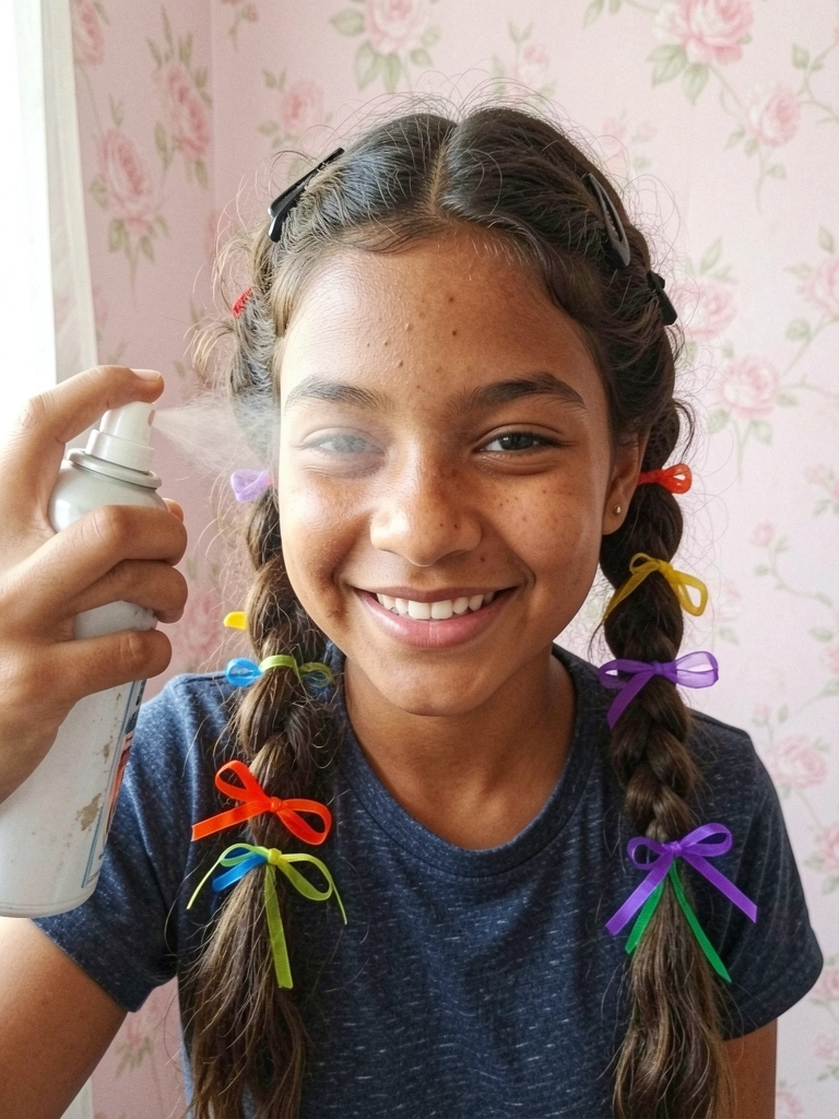 Mão aplicando spray texturizante em cabelo ondulado.