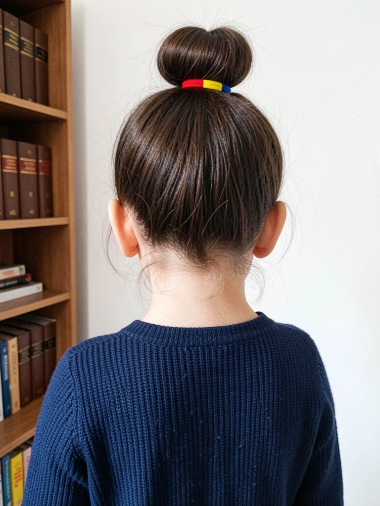 Coque alto preso com elástico colorido em cabelo liso.