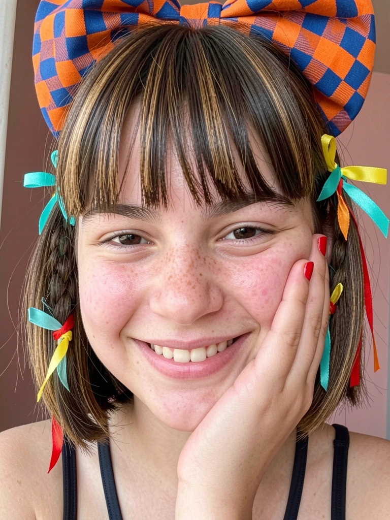 Cabelo curto com laço grande e franja