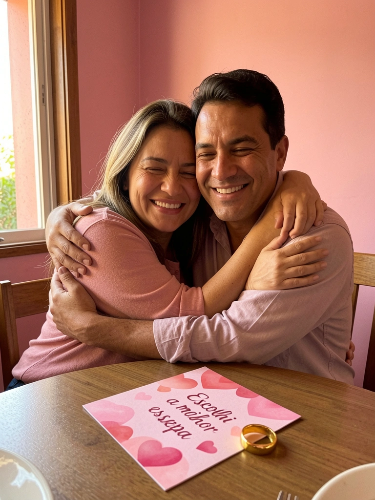 Casal casado se abraça à mesa de jantar iluminada por velas.