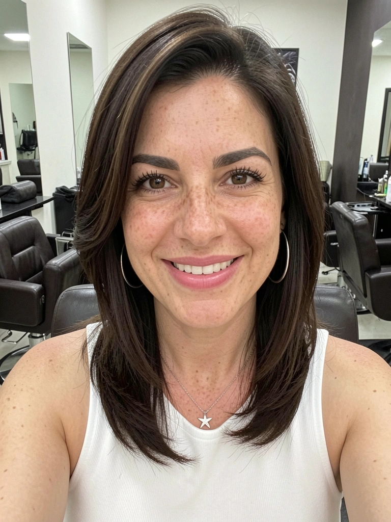 Mulher com cabelo longo em camadas, repicado, com volume no topo da cabeça.