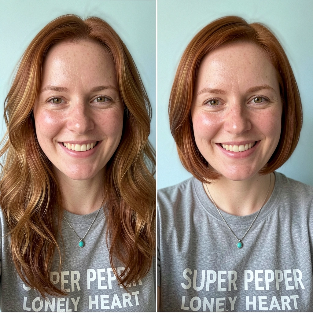 Comparação de dois cortes de cabelo no mesmo rosto, um curto e outro comprido.