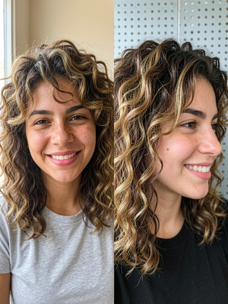 Cabelo cacheado em camadas com volume no topo, modelado em ondas definidas.