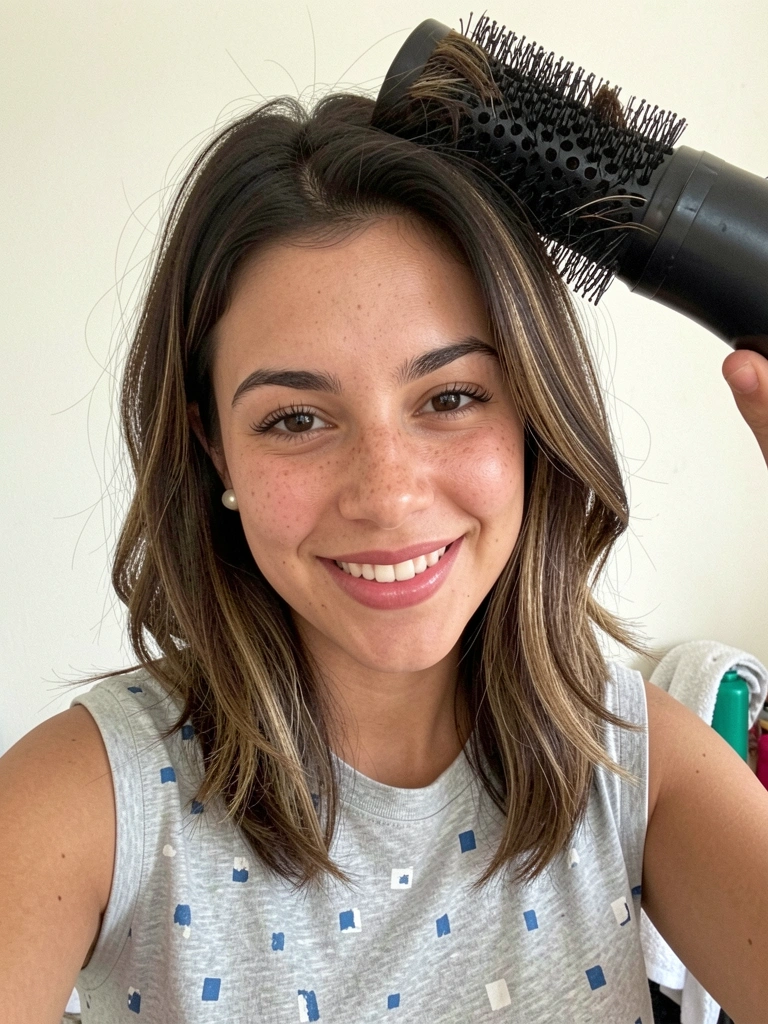 Secador direcionado à raiz do cabelo enquanto escova redonda levanta os fios.