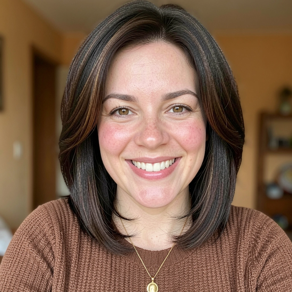 Cabelo com volume nas laterais, próximo às bochechas, criando um efeito de moldura no rosto.