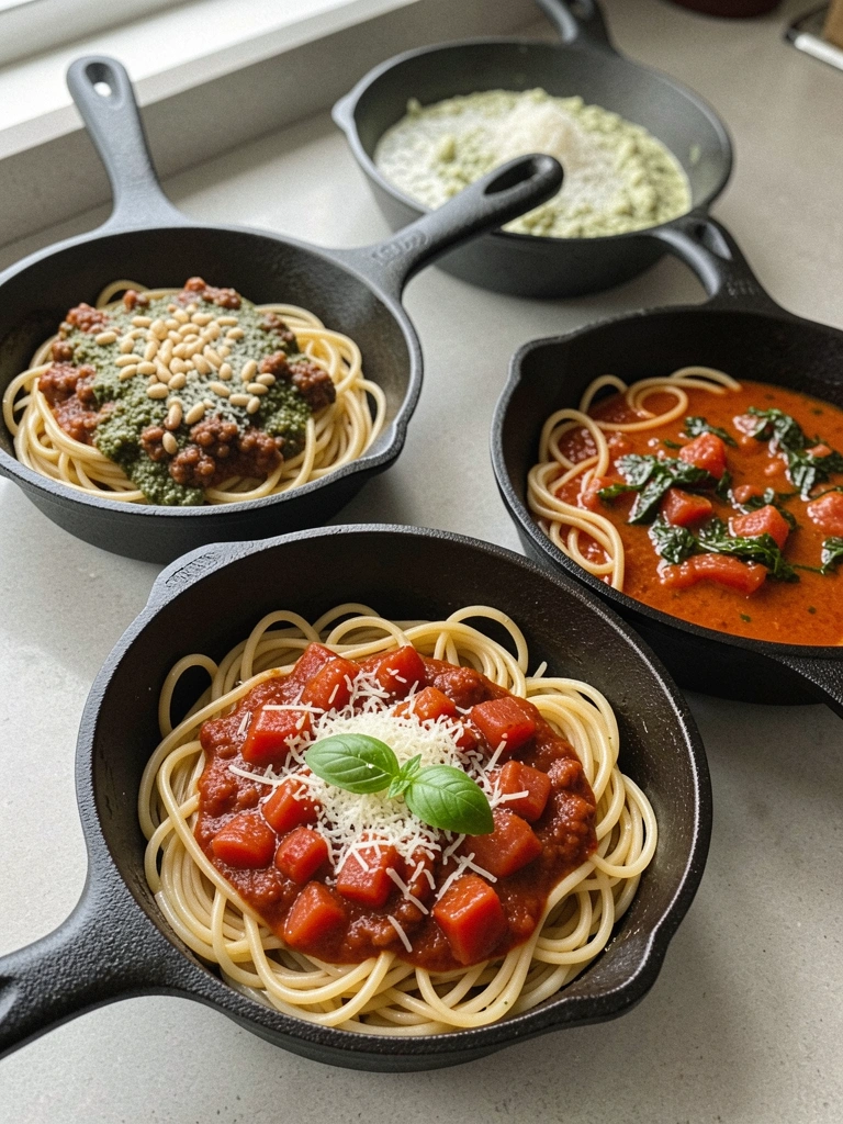 Pratos de espaguete com molhos vermelho, branco e verde sobre mesa de madeira.