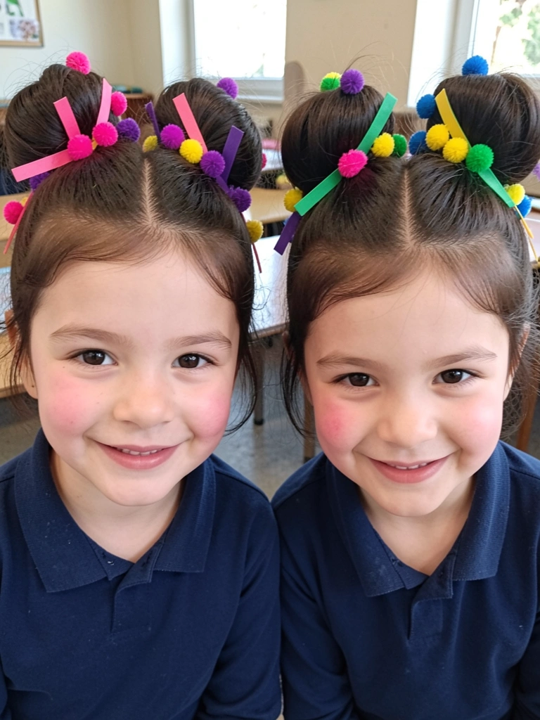 Crianças com penteados coloridos e criativos sorrindo em uma sala de aula.