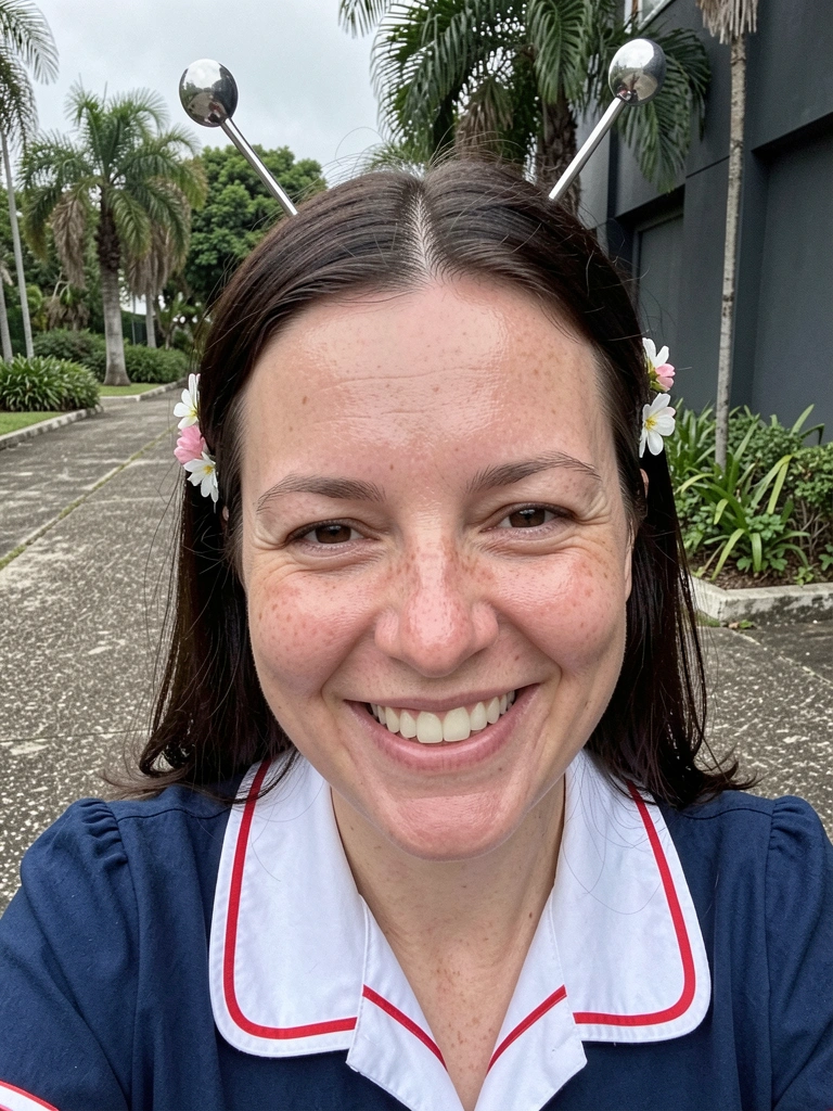 Adulto com antenas de alienígena e flores no cabelo, sorrindo.